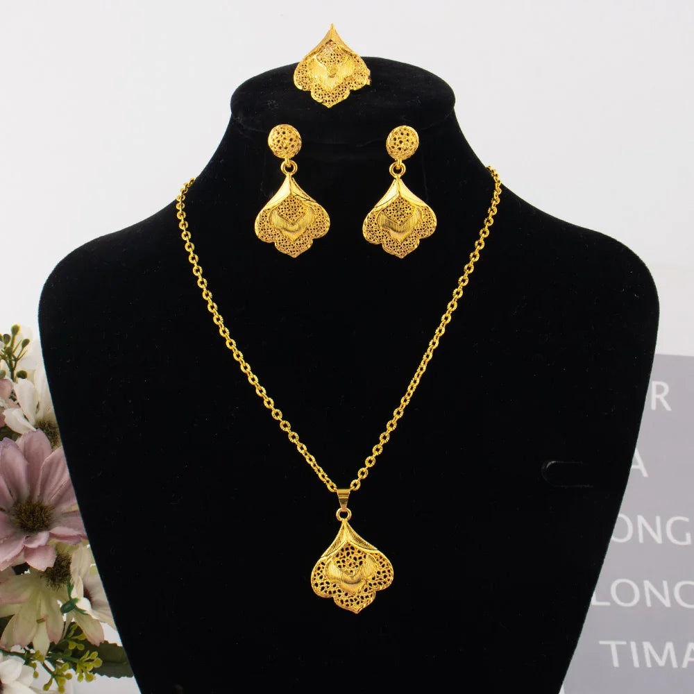 Spain Fashion Jewelry Sets Gold Color Earrings Classic Ring Necklace For Women Daily Wear Party Mother's Day Wedding Gifts