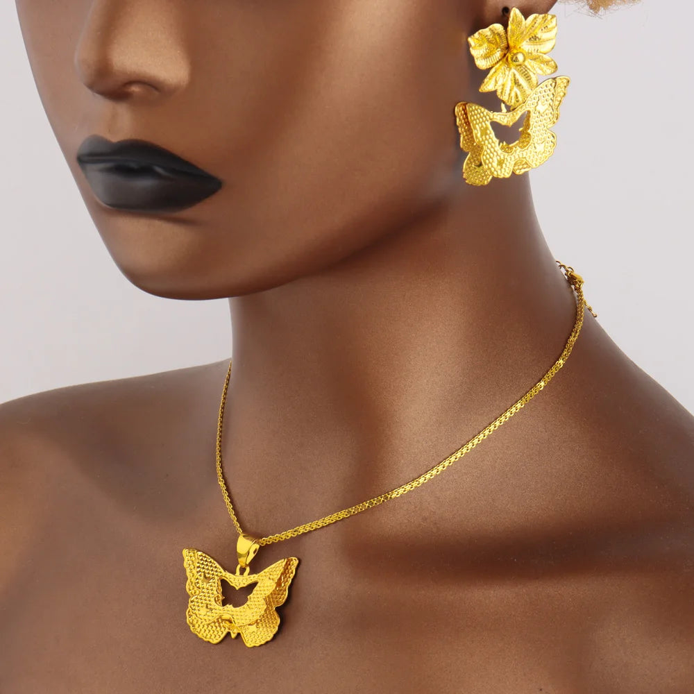 French Elegant Gold Plated Women Necklace Earrings Set for Girl Fashion Jewelry Accessories Gift for Wedding Party Banquet