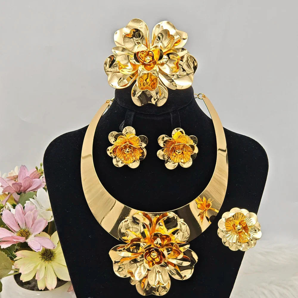 New Charming Flower Shape Women Jewelery Set Luxury Gold Color Earrings Necklace Bangle Ring For Wedding Accessories Party