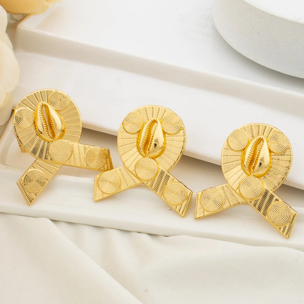 African 18K Gold Color Earrings Ring Jewelry Set for Women Clip Earrings and Finger Ring 2Pcs Set Weddings Daily Wear