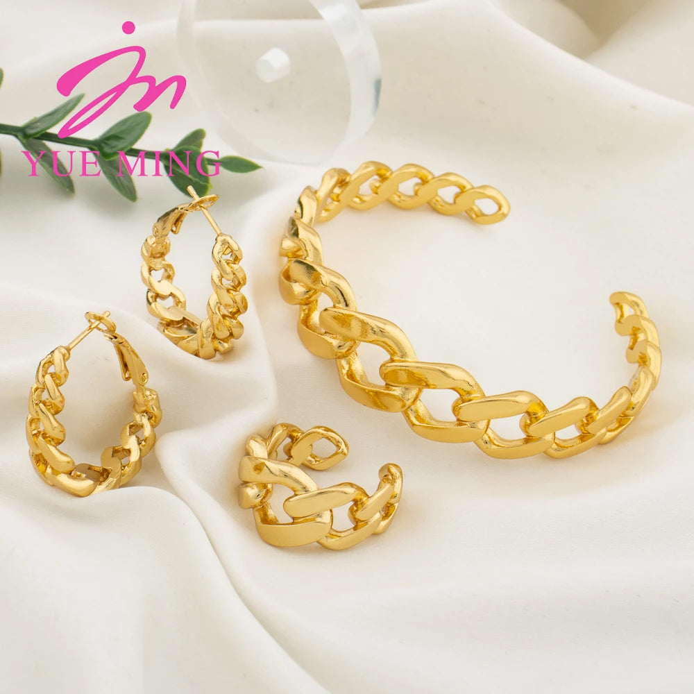 3pcs Jewelry Sets for Women Gold Color Designed Hollow Link Earrings Bracelet Ring Set Fashionable Charm Jewelry Birthday Gifts