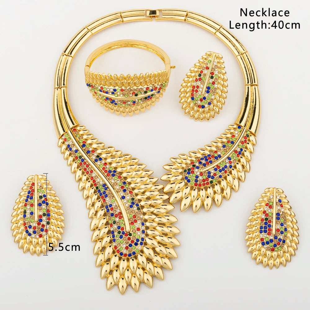 Trendy Colorful Jewelry Set for Women Zircon Collor Earrings and Necklace Large Gold Plated Bracelet Ring New Style Jewelry Gift