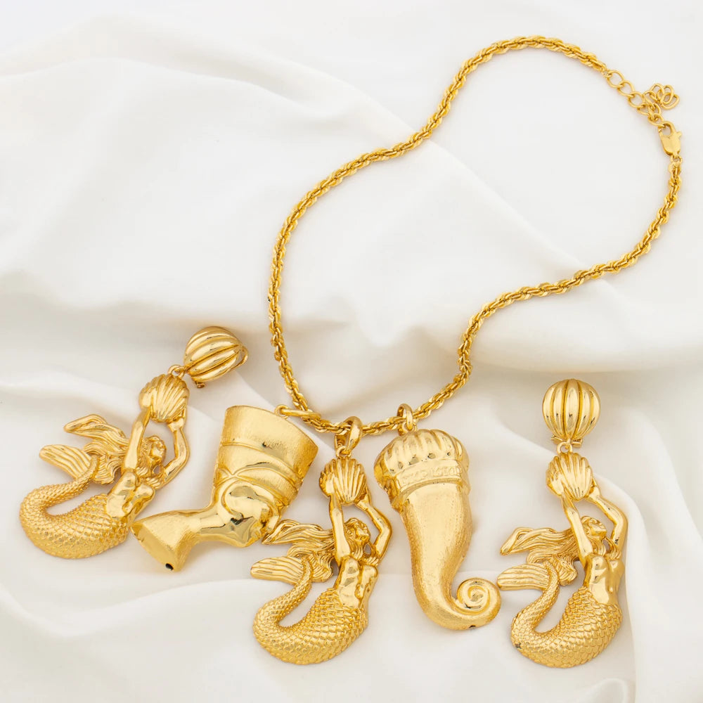 YM Jewelry Sets for Women Charm Chain 40CM Pharaoh Pepper Pendant Mermaid Earrings Banquet Gifts Personality Necklace Jewellery
