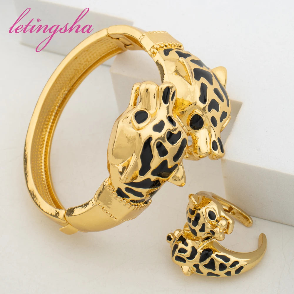 Gold Plated Leopard Bangles For Banquet Party Fashion Adjustable Ring 2pcs Jewelry Sets For Women Dubai Jewelry Accessories