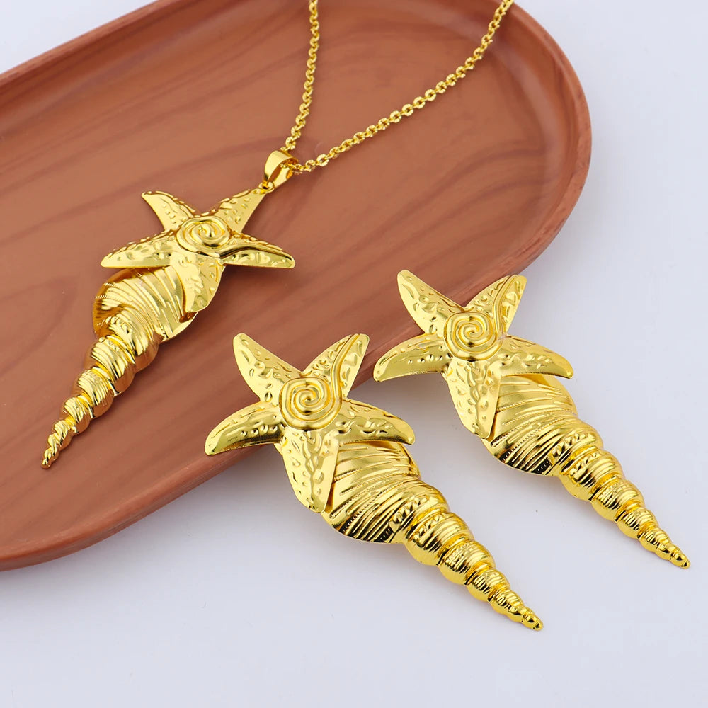 Dubai Fashion Jewelry Starfish Shape Women Jewelry Set Necklace Earrings Ring Gold Jewelry Gift Wedding Party Bridal Jewelry