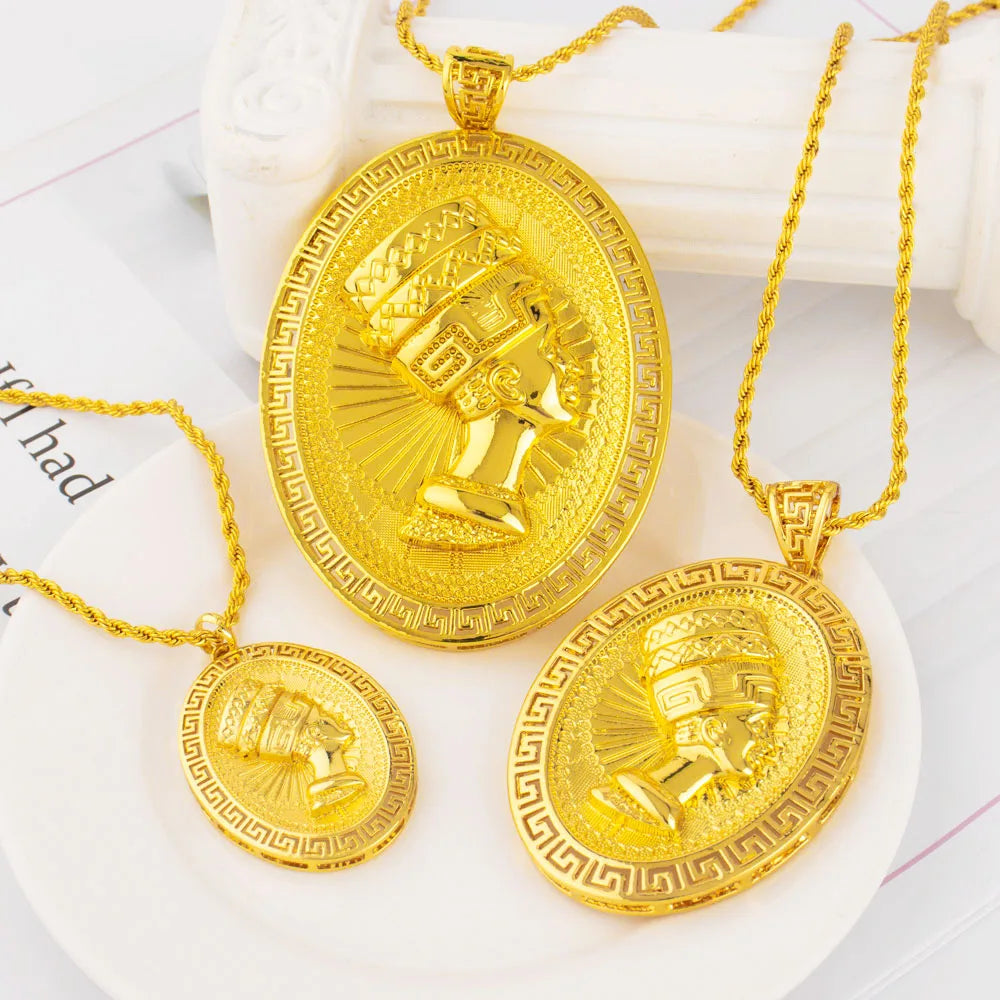 Dubai Gold Color Pendant Boutique Jewelry For Men Women Queen's Portrait Disk Pendant Daily Wear Mother's Day Wedding Gift