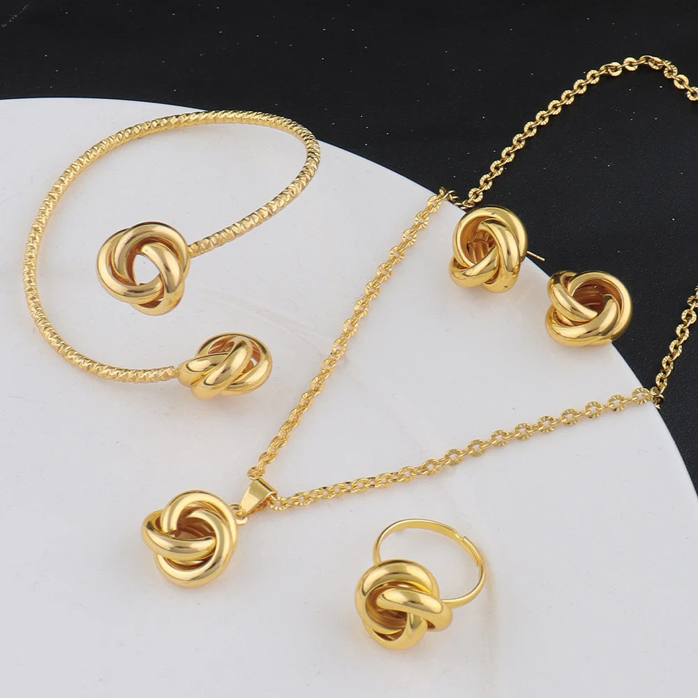 4pcs Set Classic Trendy Gold Color Circle Fried Dough Twist Necklace Earring Bracelet Ring for Women Design Sense Gifts