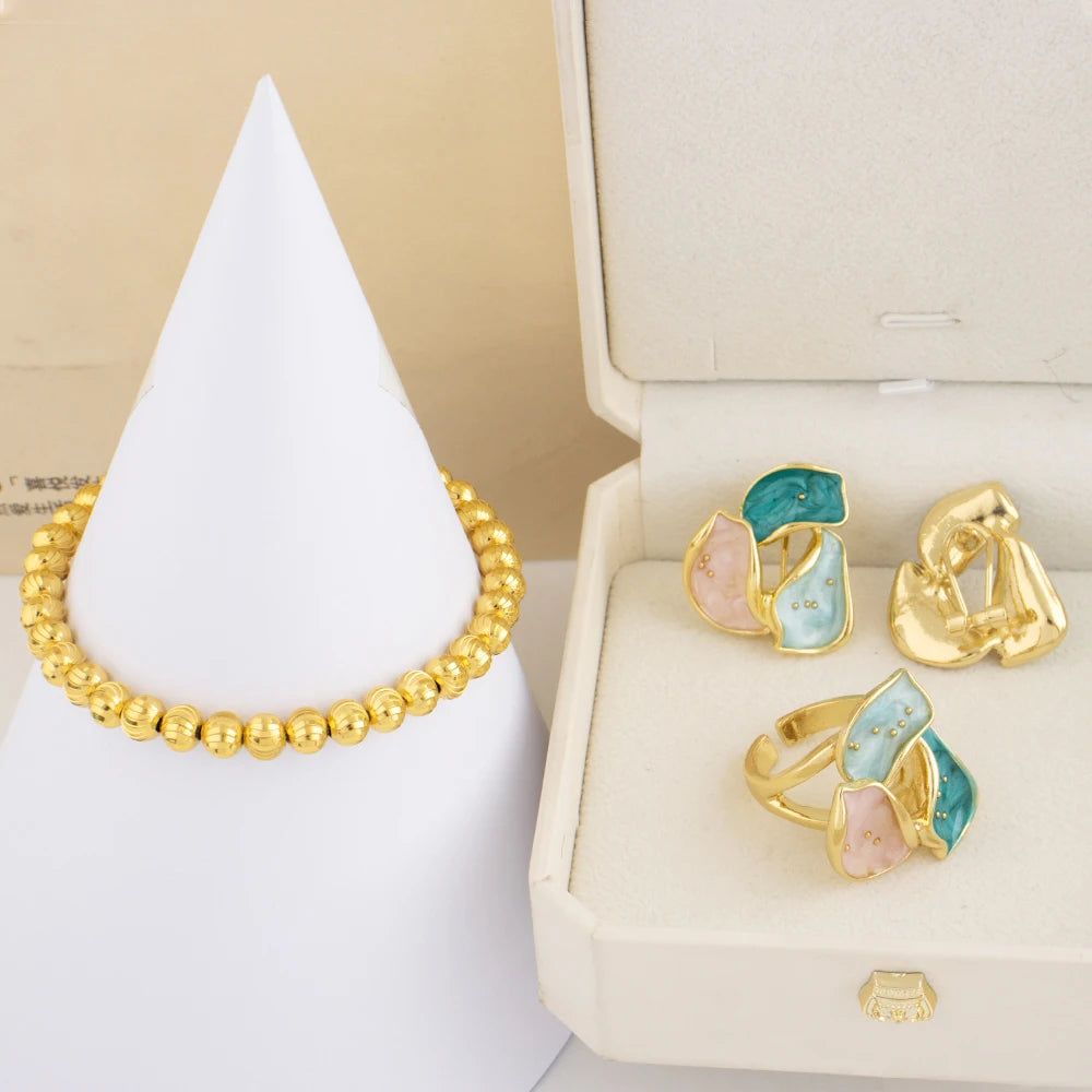 Colorful Earrings Ring Gold Color Bangle For Women Congo America Trendy Jewelry Set Advanced Shine Gift of Party Wedding Casual