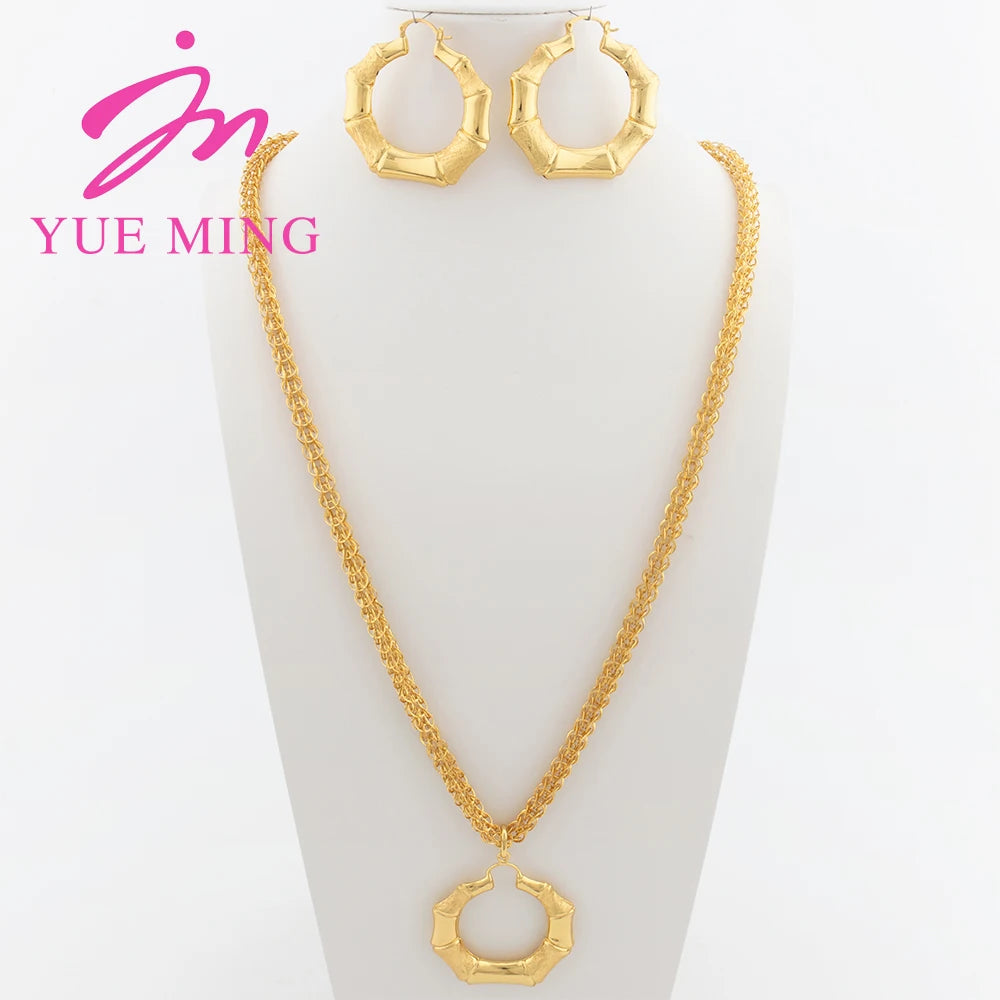 Fashion Gold Plated Jewelry Sets Bridal 80CM Necklace Bamboo Pendant Hoop Earrings for Women Weddings Gifts Jewellery Accessory