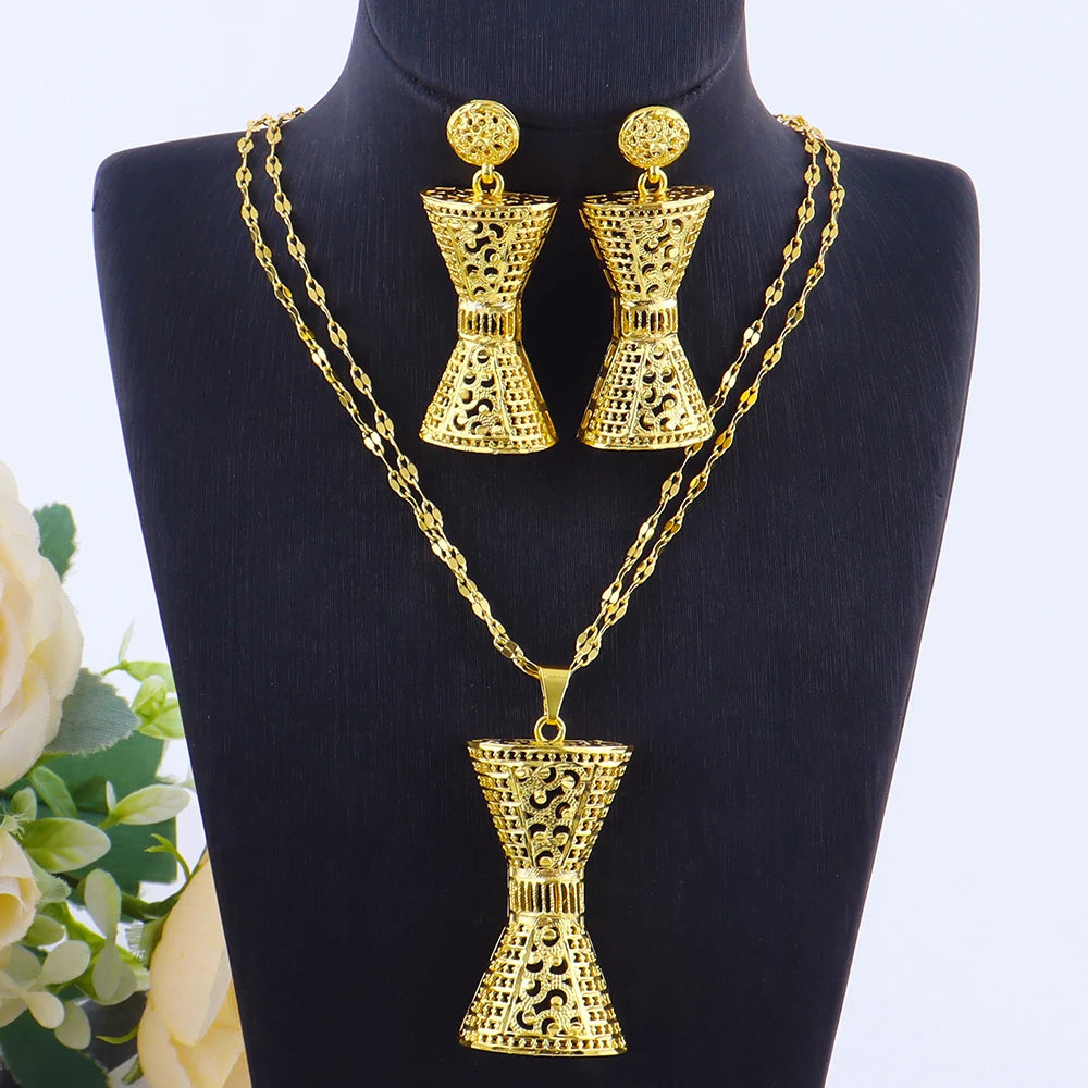 Dubai Gold Plated Luxury Necklace Earrings Set for Women Girl Gold Color Jewelry Gift for Party Wedding Bride free shipping