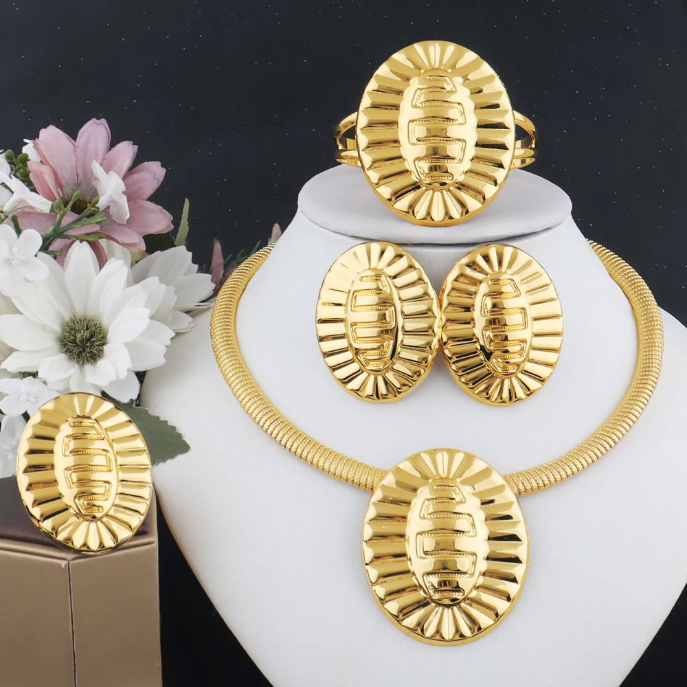 Elegant 18K Gold Plated Necklace Earrings Bracelet Ring Jewellery Set for Women Dubai Bright Jewelry for Party Wedding Banquet