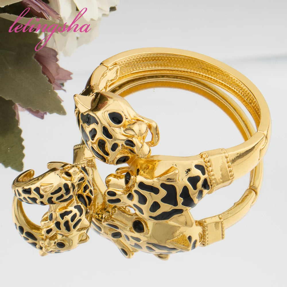 Gold Plated Leopard Bangles For Banquet Party Fashion Adjustable Ring 2pcs Jewelry Sets For Women Dubai Jewelry Accessories