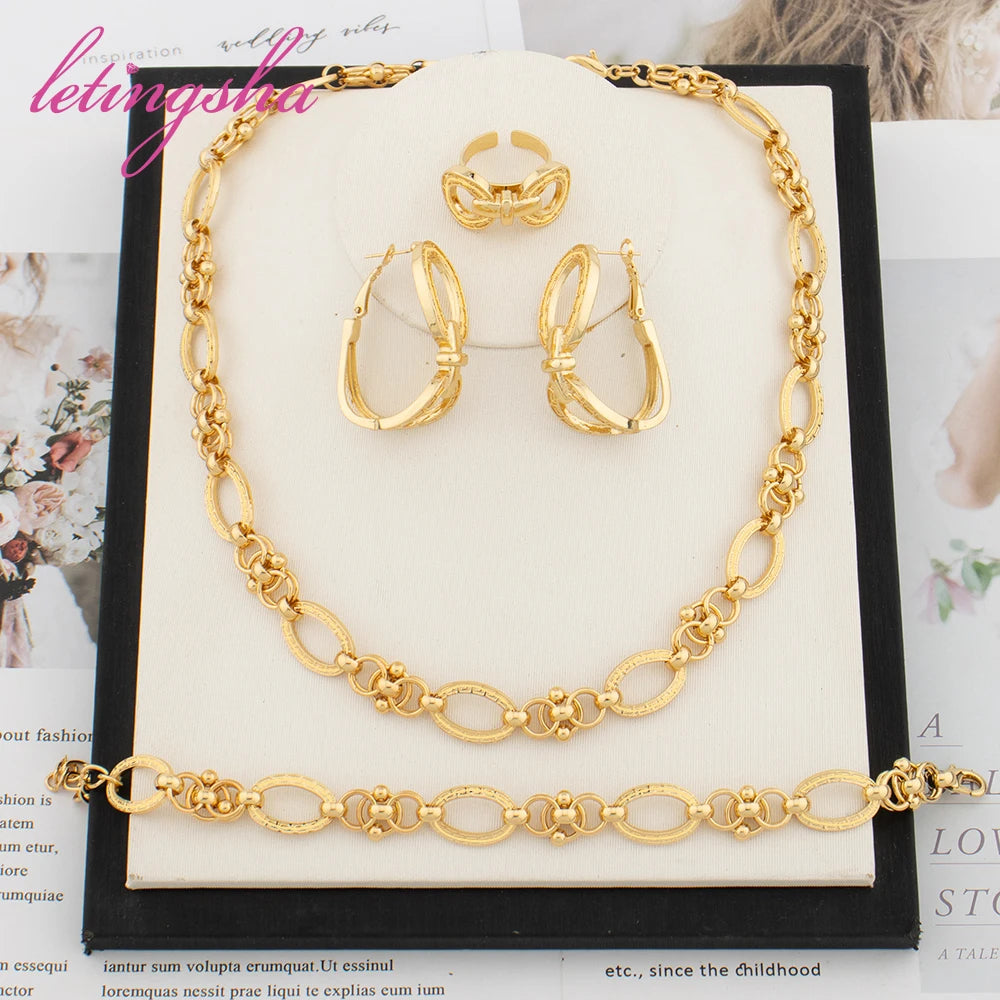 Classic Rings Jewellery Set Dubai Luxury Necklace Chain Gold Color Earrings 18K Gold Plated Bracelet African Fashion Jewelry Set