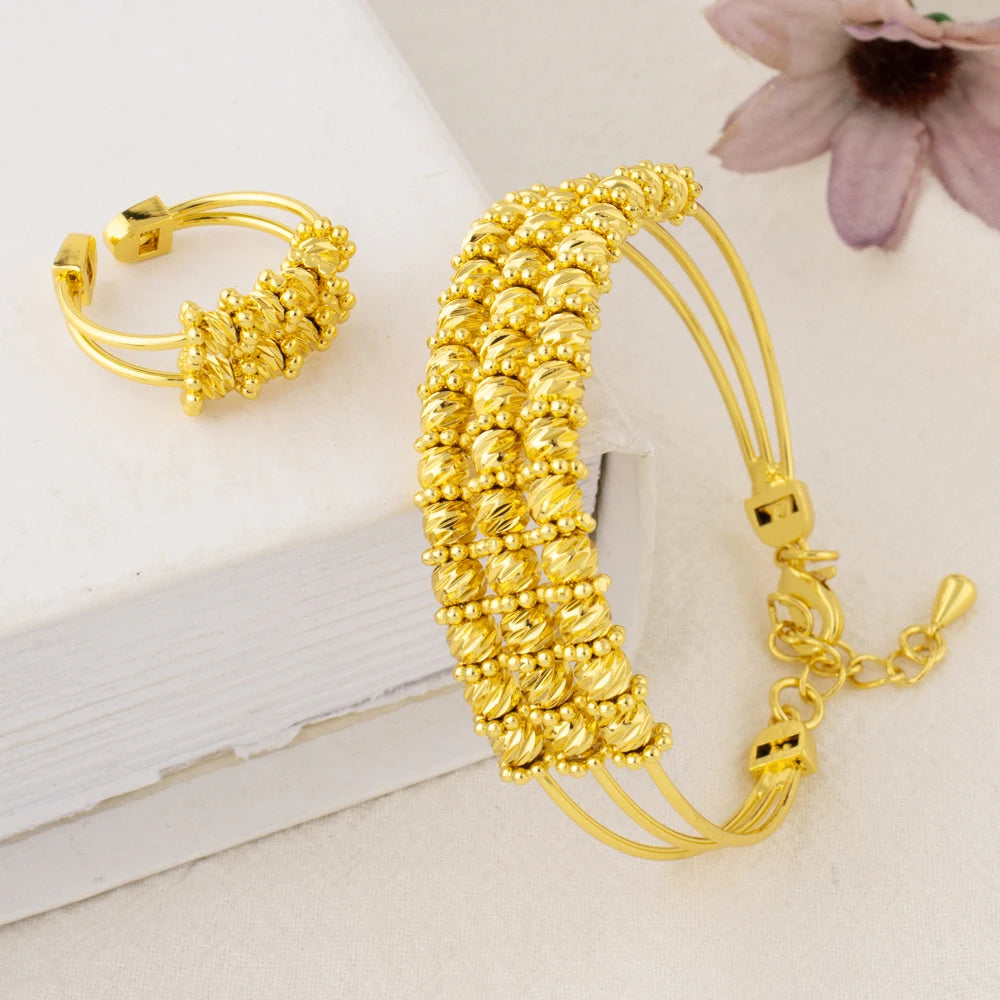 Gold Color Women Bangle Ring Honorable Beads Jewelry Set Dubai America Gold Plated Jewelry Apply To Party Wedding Major Occasion