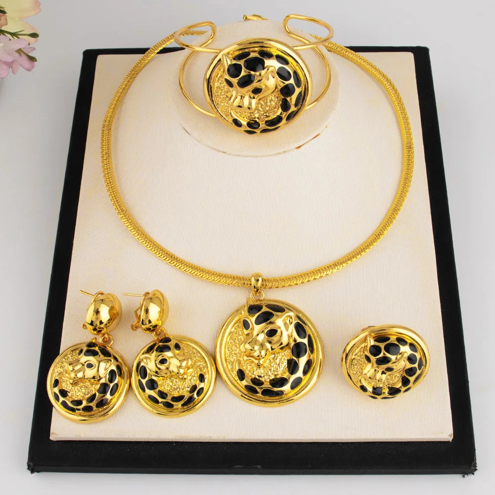 Dubai Gold Color Jewelry Sets Vintage Punk Gold Color leopard Necklace Earrings Bangle Ring African Party Jewelry Gifts