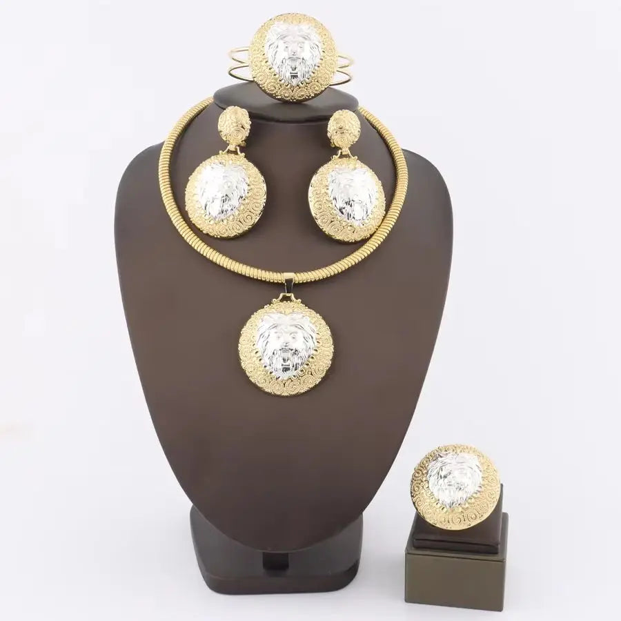 African Gilding Jewelry Set Woman Luxury Silvery Lion Necklace Earrings Ring Bangle Jewelery Accessories Valentine's Day Gift
