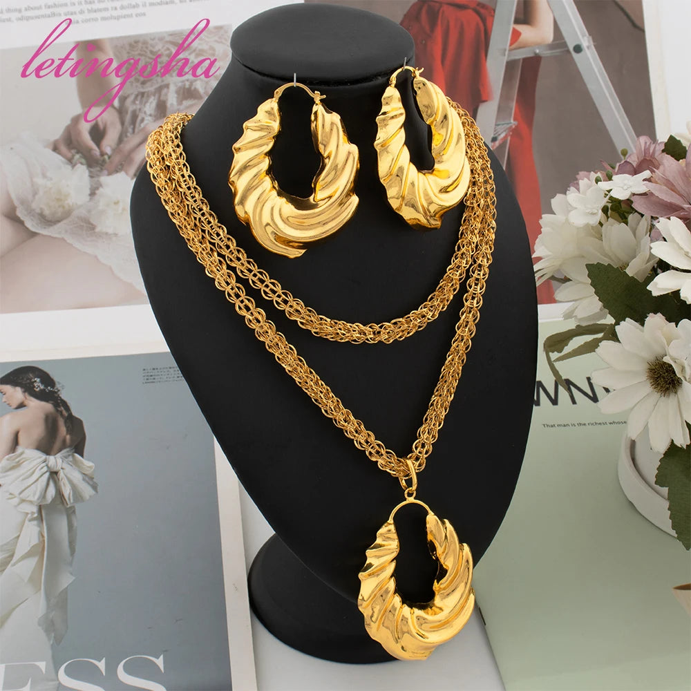 Luxury Gold Color Earrings Ins TK Hot Sale Long Necklace Chain Set Dubai African Fashion Jewelry Wedding Party Anniversary Gift