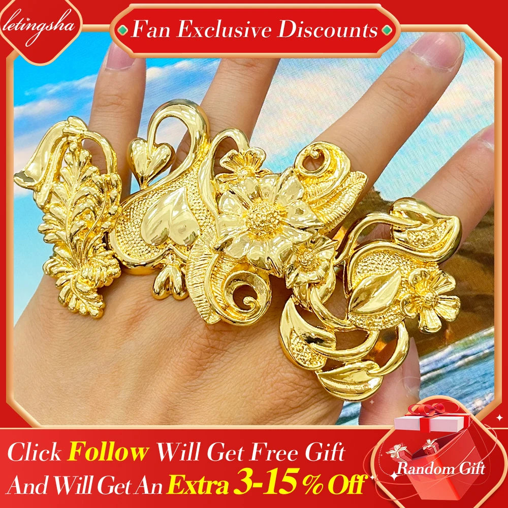 Fashion Big Ring Dubai Copper Jewelry 18k Gold Color New Design Women Set Bridal For Party Gift