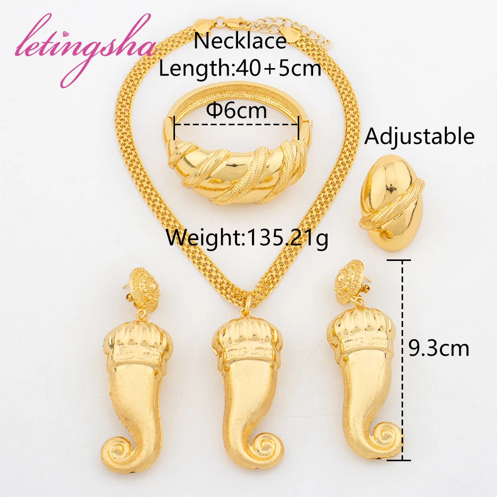 African Unique Pepper Design Earrings Pendant Fashion Bangle Ring Set Dubai Luxury Gold Color Jewelry Set Daily Wear Party Gift