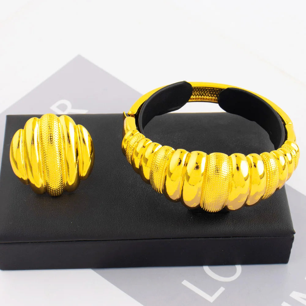 Luxury Exquisite Gold Color Openning Bangles Bracelet Ring Set for Women Cuff Bracelet Gold Color Stainless Steel Ornament Gift