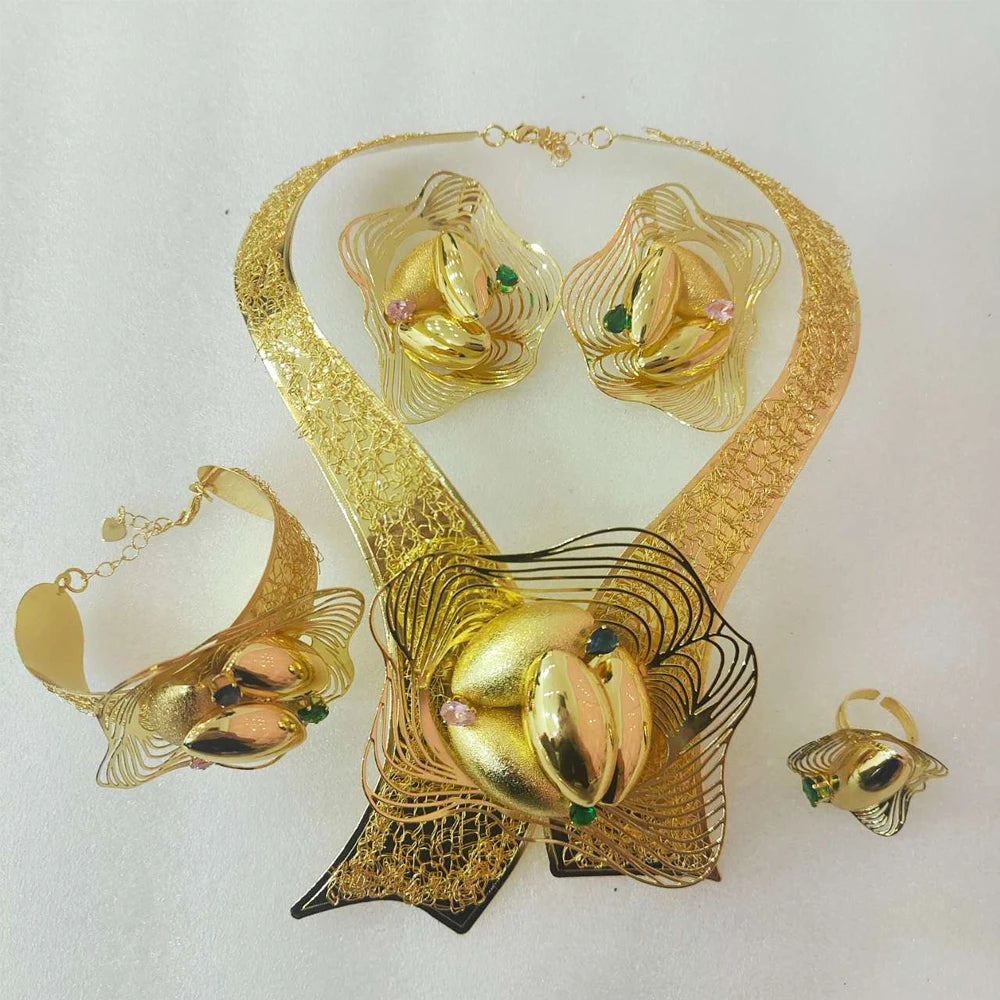 Exaggerate Women Jewelry Set for Sexy Party Wedding African Copper Gold Color Large Necklace Earrings Bangle Ring 4PCS Set Gift