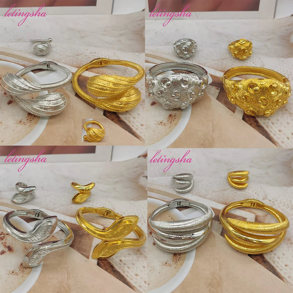 18K Gold Plated Bracelet Women Jewelry Nigerian Bangle With Ring Colorful Wedding Party Gift Dubai Hollow Out Design Bracelet