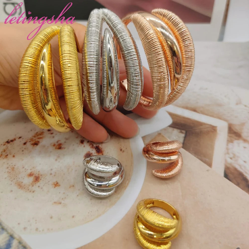 Jewelry Nigerian Bangle With Ring Colorful Women 18K Gold Plated Bracelet Wedding Party Gift Dubai Hollow Out Design Bracelet