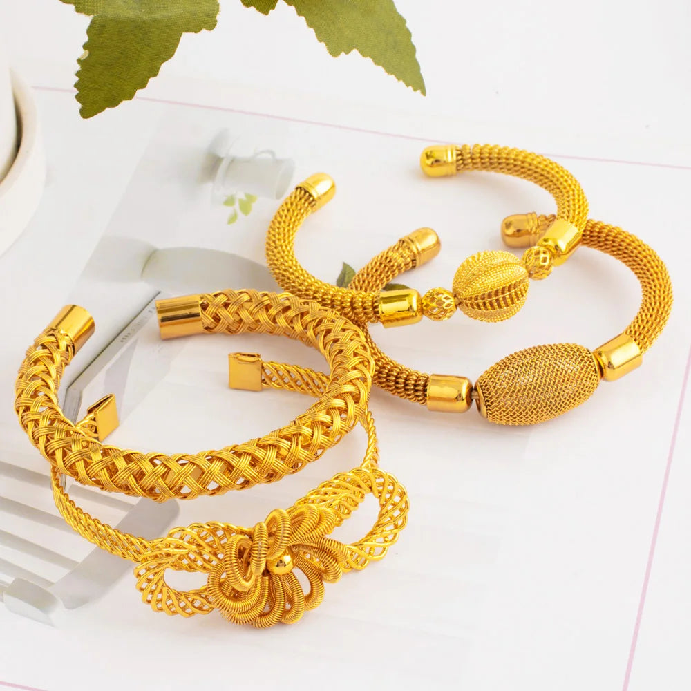 Nigeria Women Luxury  Adjustable Bracelet Dubai Fashion Flower Bangle Weaving Bangle Jewelry Gift For Party Mother's Day Wedding