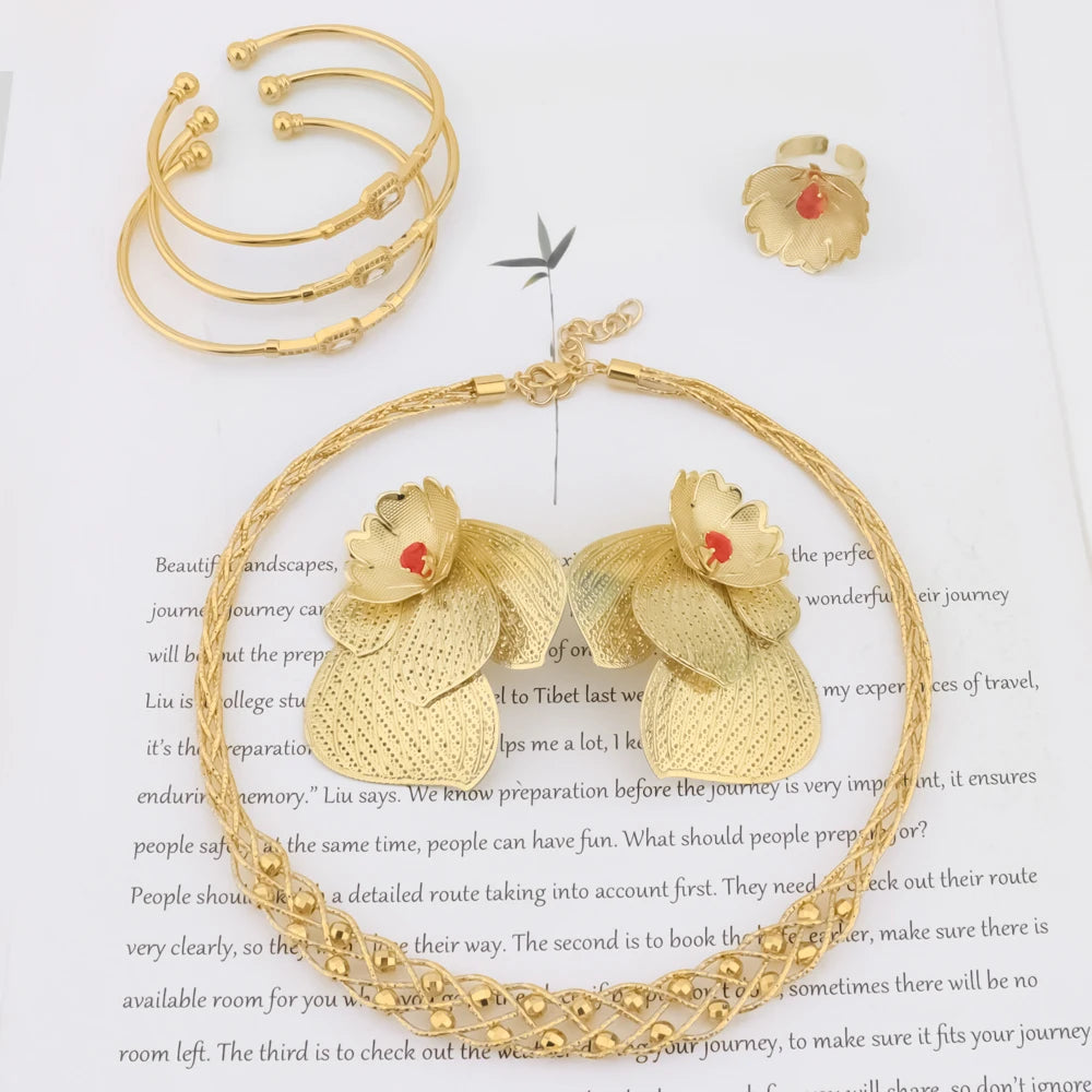 2025 African Luxury Women Gold Color Jewelry Sets Red Pistil Earrings Necklace Ring and Bangle Set Gift For Party Valentine