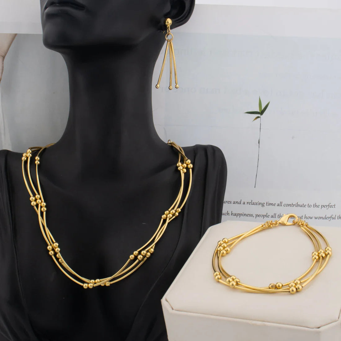 New Fashion Gold Color 3Pcs Line Jewelry Set For Women Elegant Little Pearl Earrings Bracelet Necklace Gift For Party Banquet