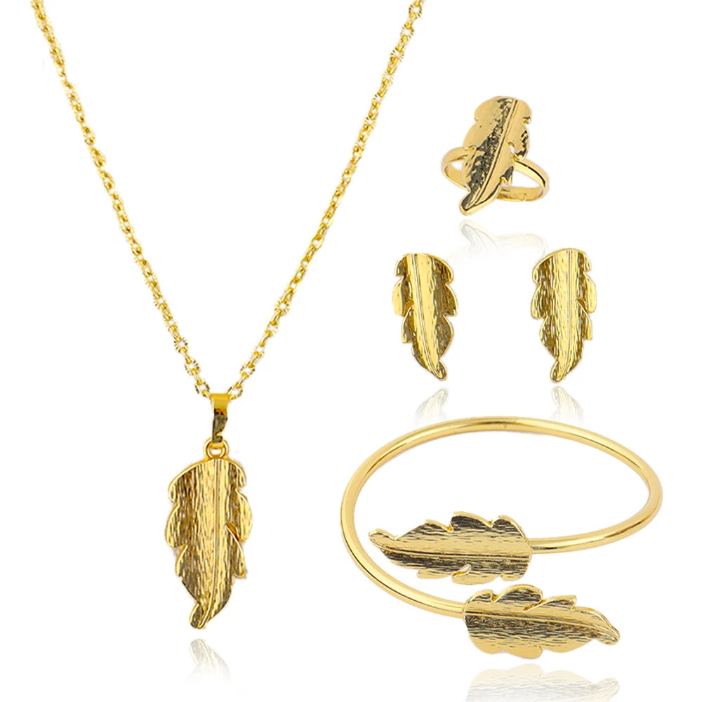 French Gold Plated Leaf Shape Necklace Charm Earrings Set for Women Girl Gold Color Jewelry Gift for Party Wedding Banquet