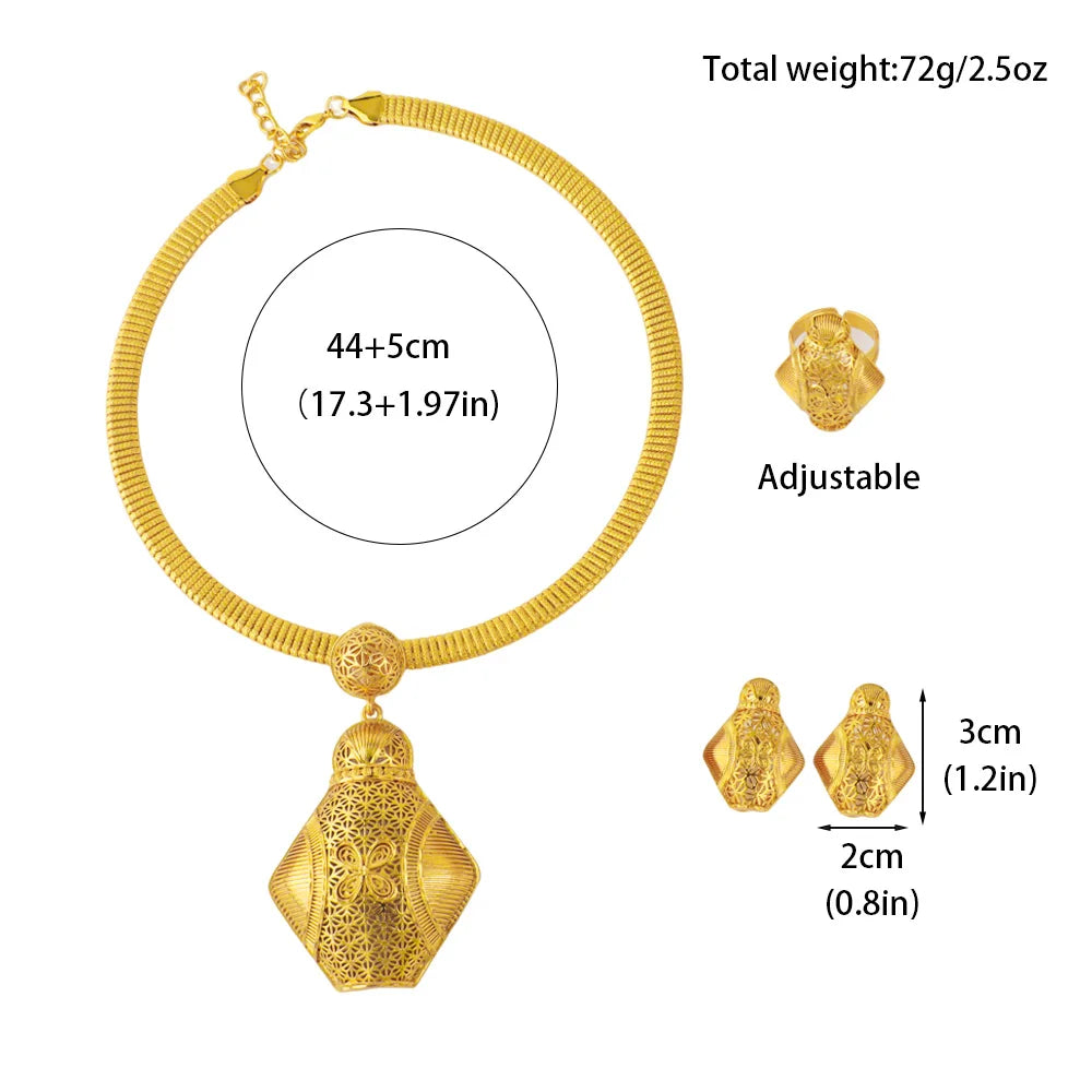 Luxury Nigeria Gold Color Jewelry Set For Women Dubai Nesting Doll Necklace Ring Drop Earrings Gift For Young Girl Party Easter