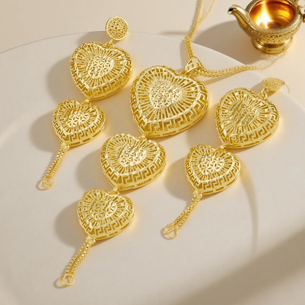 Dubai Stainless Steels Necklace Earrings Jewelry Set For Women 24K Gold Plated Retro Indian Nigeria Bridal Wedding Party Gift