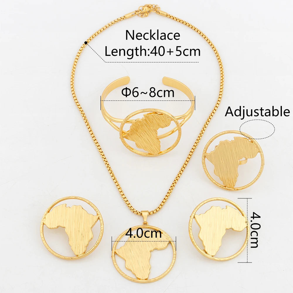 4pcs Jewelry Set for Women Dubai Gold Color African Map Pendant 40cm Necklace Clip Earrings Cuff Bangles Adjustable Ring Jewelry