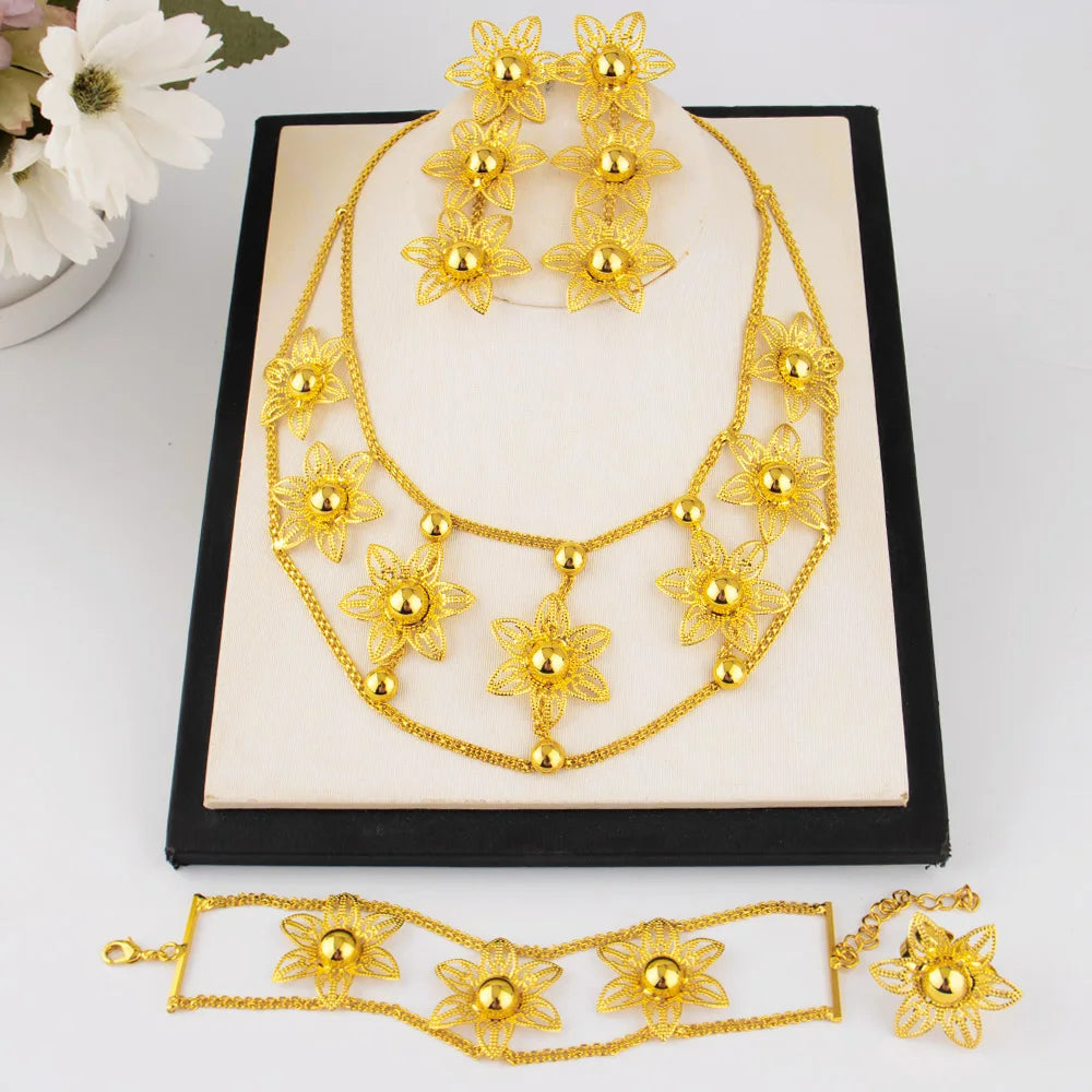 India Gold Plated Jewelry Set For Women Nigeria Girl Grid Necklace Earrings Bangle Flower Ring For Ethiopia Party Mother's Day