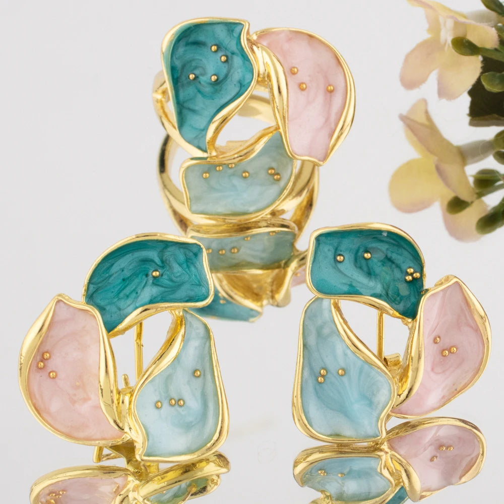 Elegant Colorful Half Flower Stud Earrings Ring for Women Luxury Dripping Oil Petals Jewelry Set For Wedding Party Dating Parts