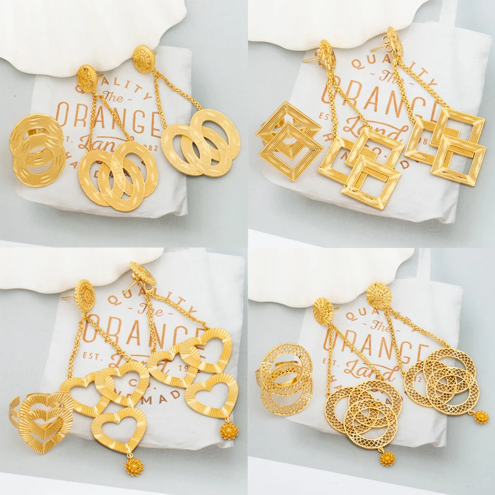 Fashion 18k Gold Plated Earrings and Ring Set for Women Girl Daily Wear France Dubai Tassel Earrings Jewelry Set Wedding Gift