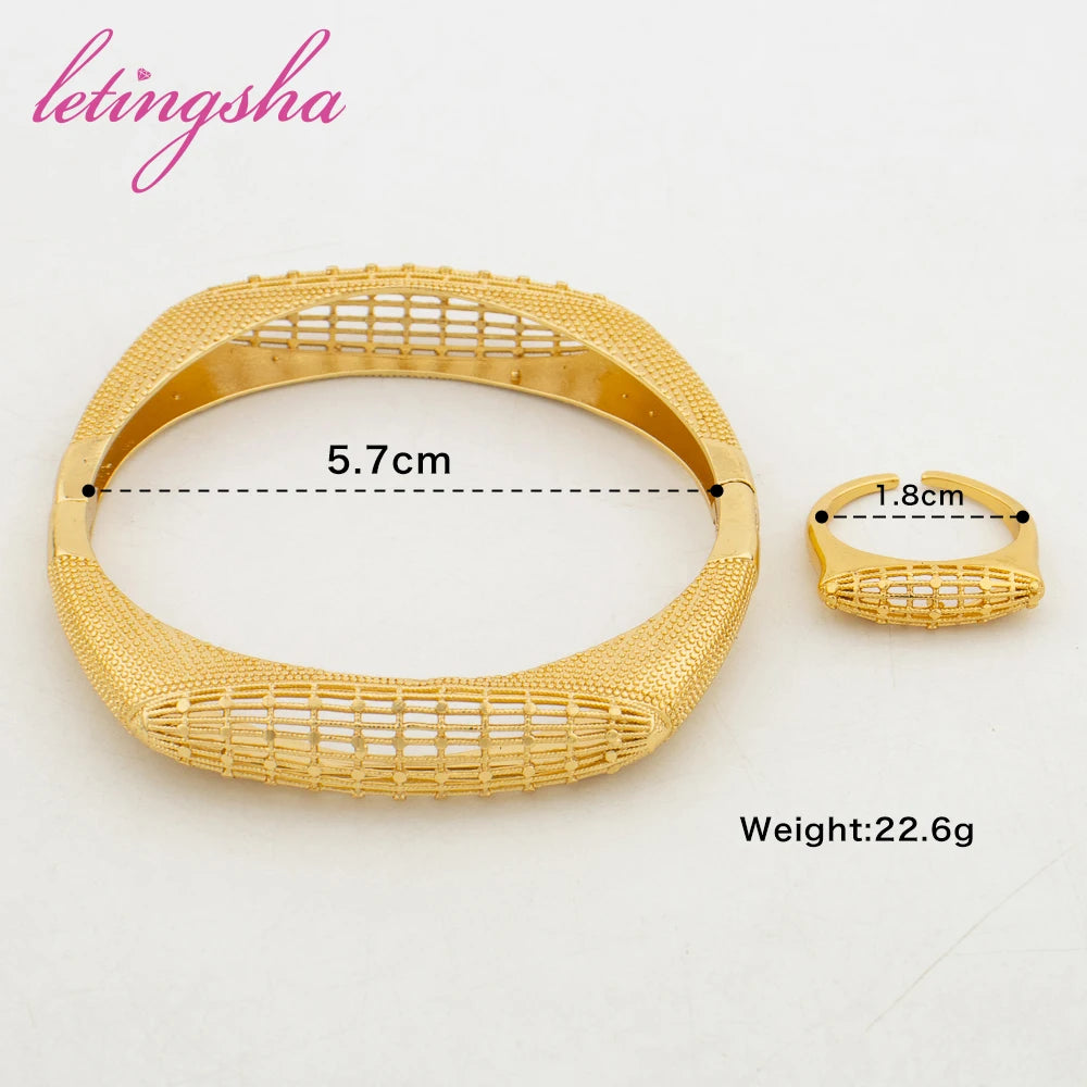 Classic Geometry Design Bangle with Ring 2pcs Set for Ladies African 18k Gold Color Bracelet Ring Set for Birthday Gifts