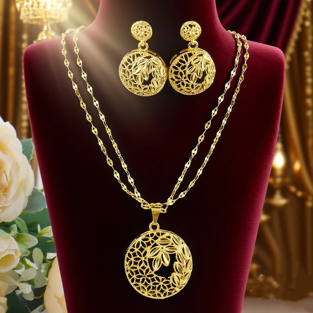 Dubai Ball 24k Gold Plated Jewelry Sets for Women Indian Bridal Costume Zinc Alloy Necklace Earrings Sets Wedding Party Gifts