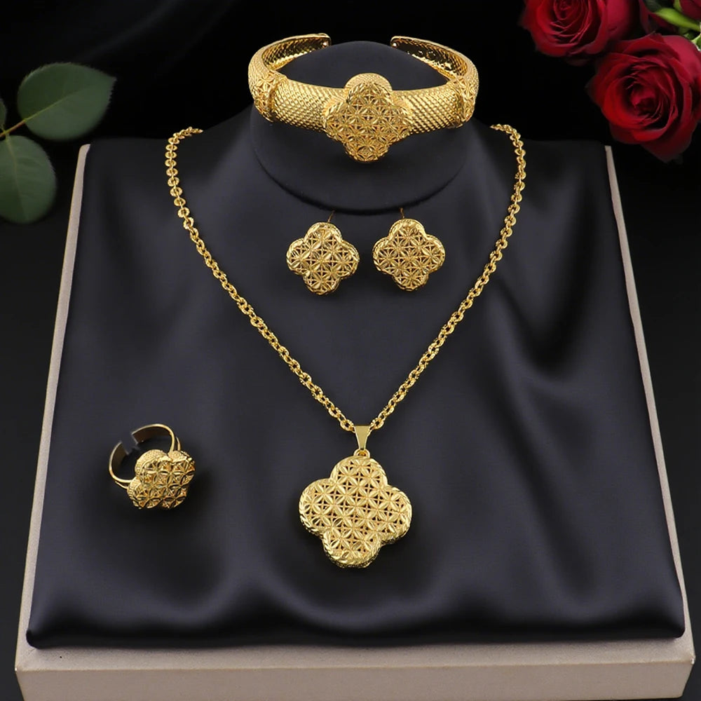 Dubai Gold Plated Earrings Necklace Bangle Ring Sets For Women India Luxury Flower Shape Jewelry Sets for Banquet Wedding Gift