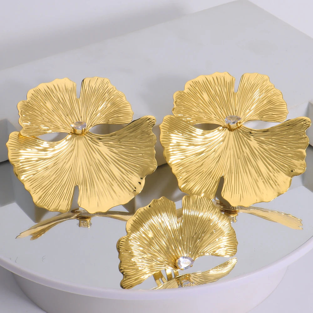 African Gold Color Luxury Flower Shaped Earrings and Ring 2Pcs Set For Women Special Design Jewelry Set Gift For Party