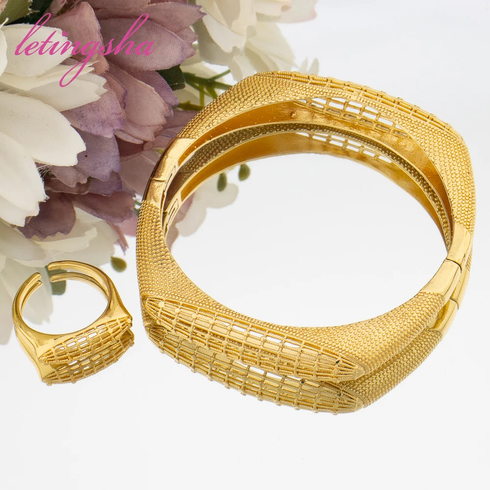 Classic Geometry Design Bangle with Ring 2pcs Set for Ladies African 18k Gold Color Bracelet Ring Set for Birthday Gifts