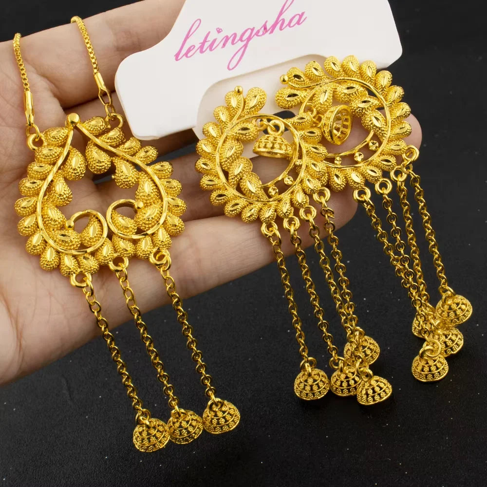 African Gold Jewelry Set Women Indian Long Necklace Earrings Nigeria 24K Gold Plated Fashion Jewelry Dubai Wedding Gift