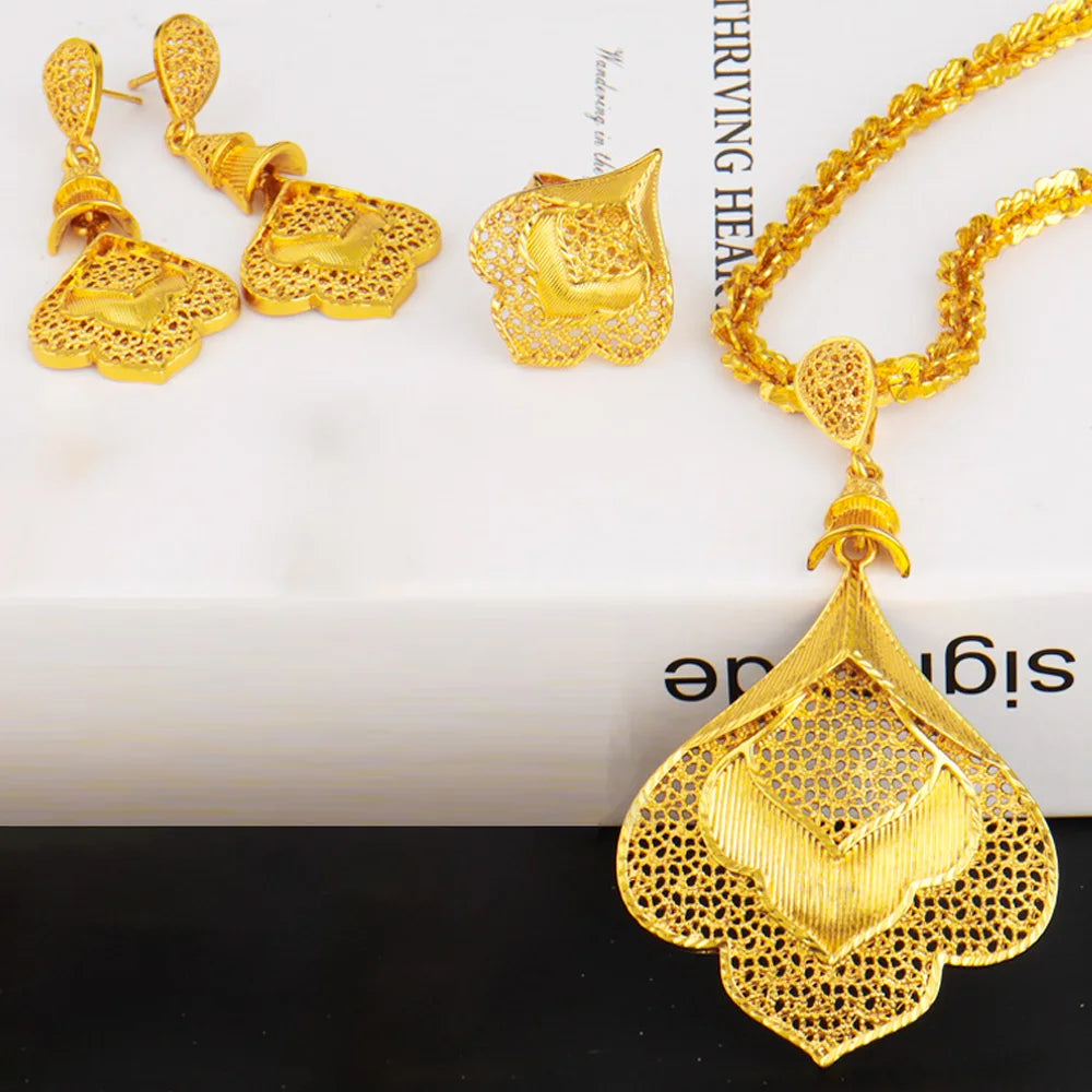 2025 Nigeria Classic Fashion Women Jewelry Sets Mystical Dubai Female Earrings Ring Flower Necklace For Party Wedding Easter Gif