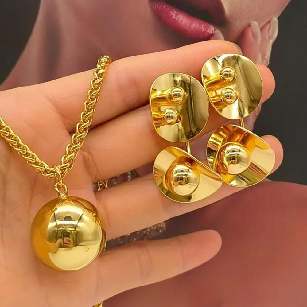 Dubai Gold Color Beads Design Jewelry Pendant Necklace and Drop Earrings 2Pcs Set Luxury Earrings Necklace Jewelry Accessories