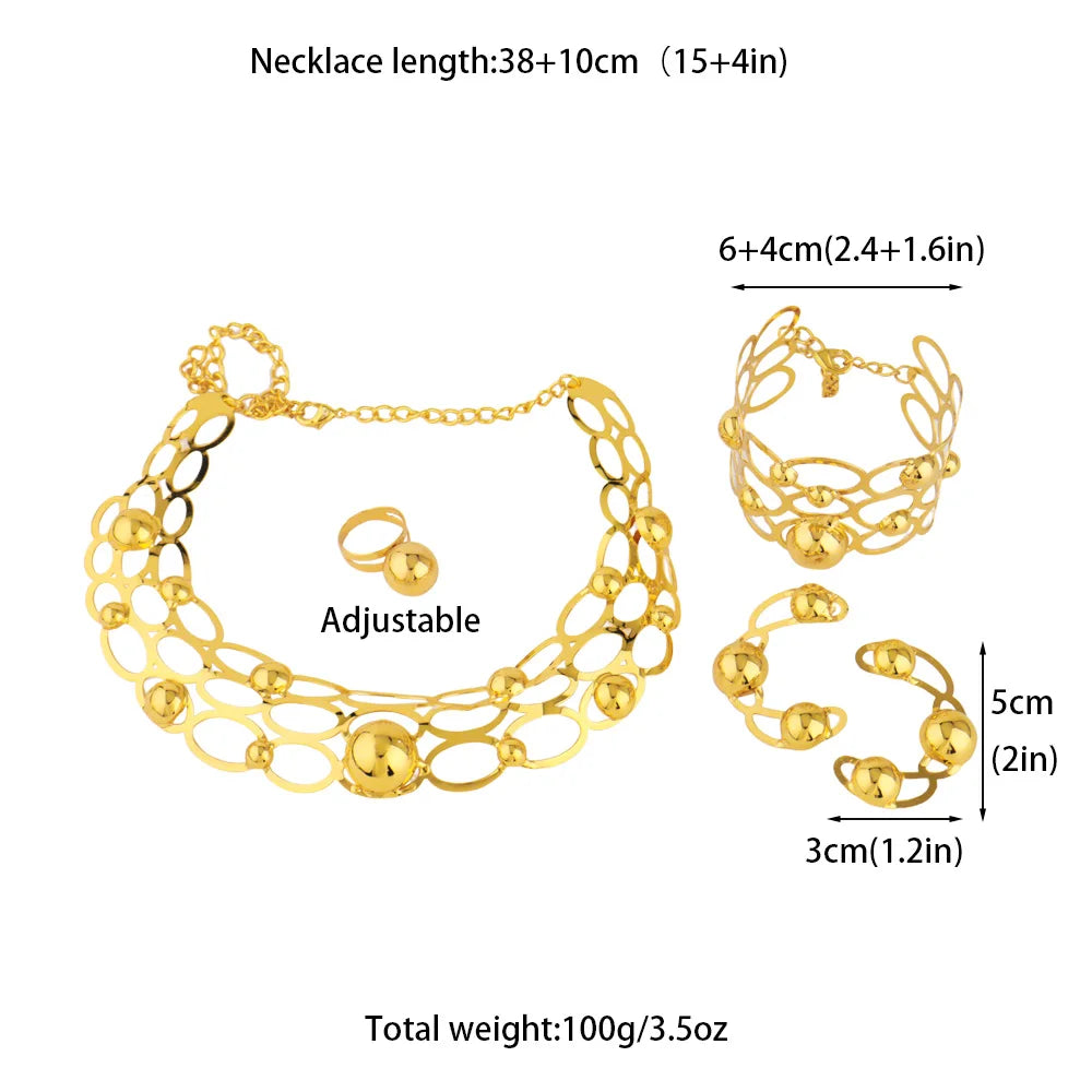 Dubai Luxury Jewelry Set For Women Nigeria Gold Plated Round Hole Necklace Earrings Bangle Bead Ring For Ethiopia Party Mother's