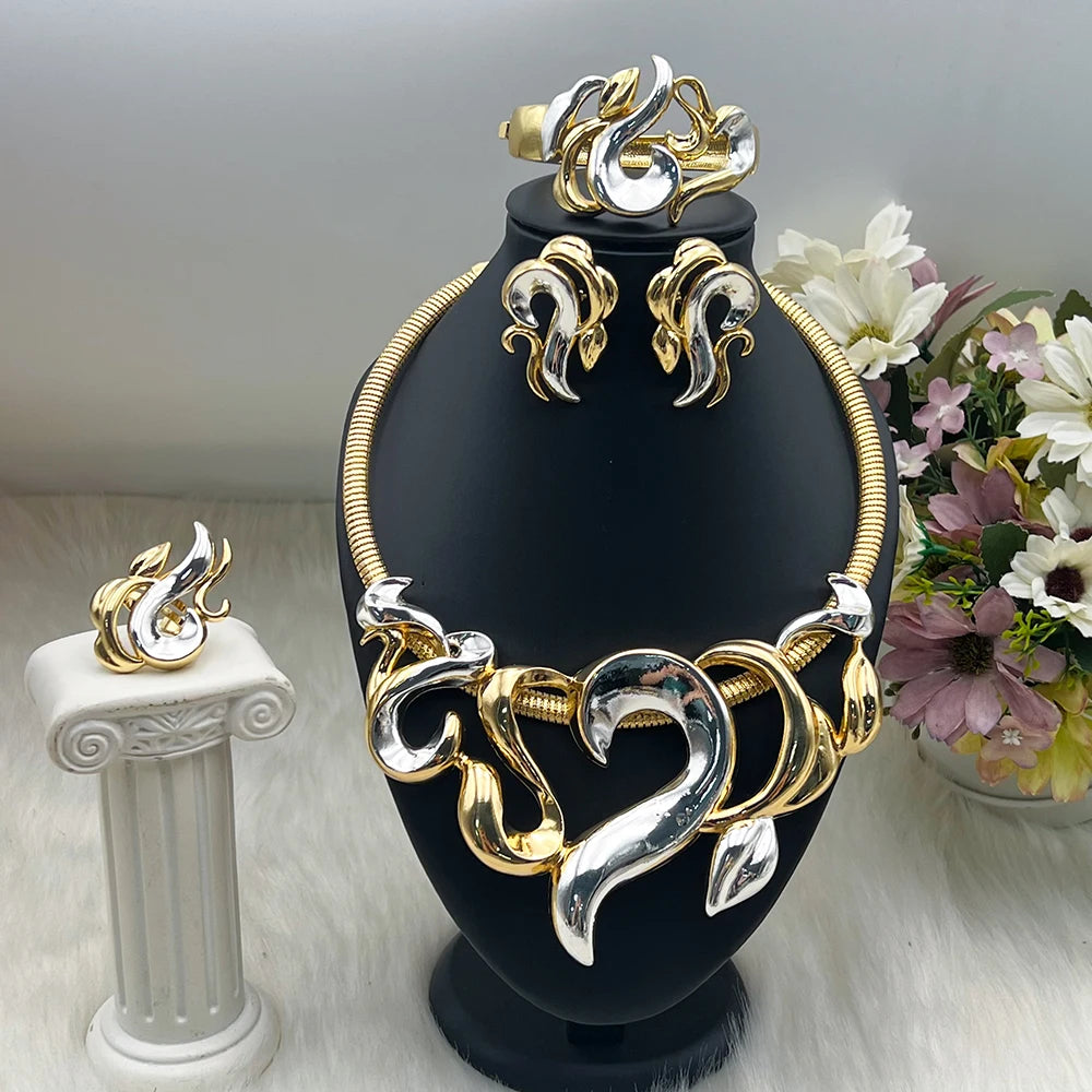 Luxury Jewelry Sets For Women Gold Color Earrings Choker Necklace Flame Bangle Ring For Wedding Set America Party Accessories