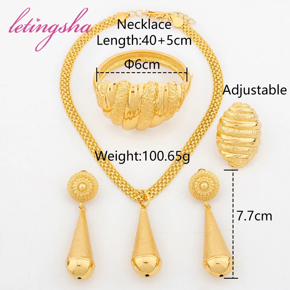 Fashion Water Drop Pendant Earrings Set African Copper Gold Plated Bangle Ring Dubai Jewelry Set for Daily Wear Party Gift