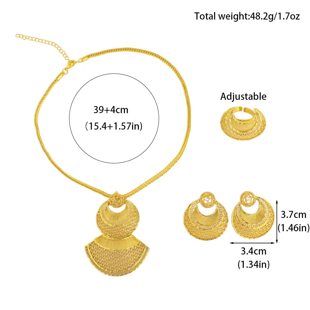 Dubai Vintage Style Women Jewelry Set Morocco Sector Earrings Hollow Out Geometric Ring Baroque Necklace For Party