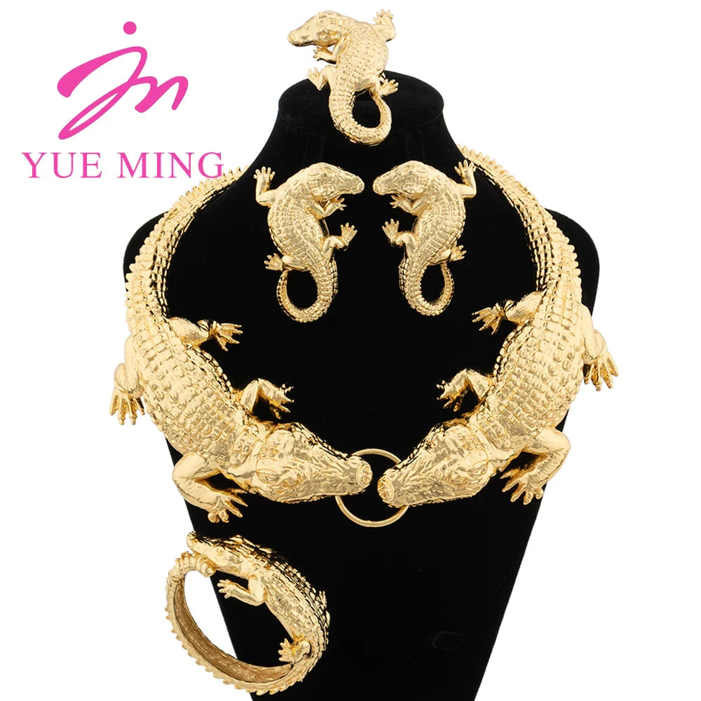 Fashion Jewelry Set Italian Gold Plated Crocodile Body Pendant Necklace Bracelet Earring Ring Woman Necklace Personality Design - YUEMING JEWELRY